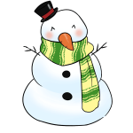snowman with yellow and green scarf, carrot nose and small black top hat