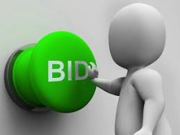 cartoon figure pushing green "bid" button