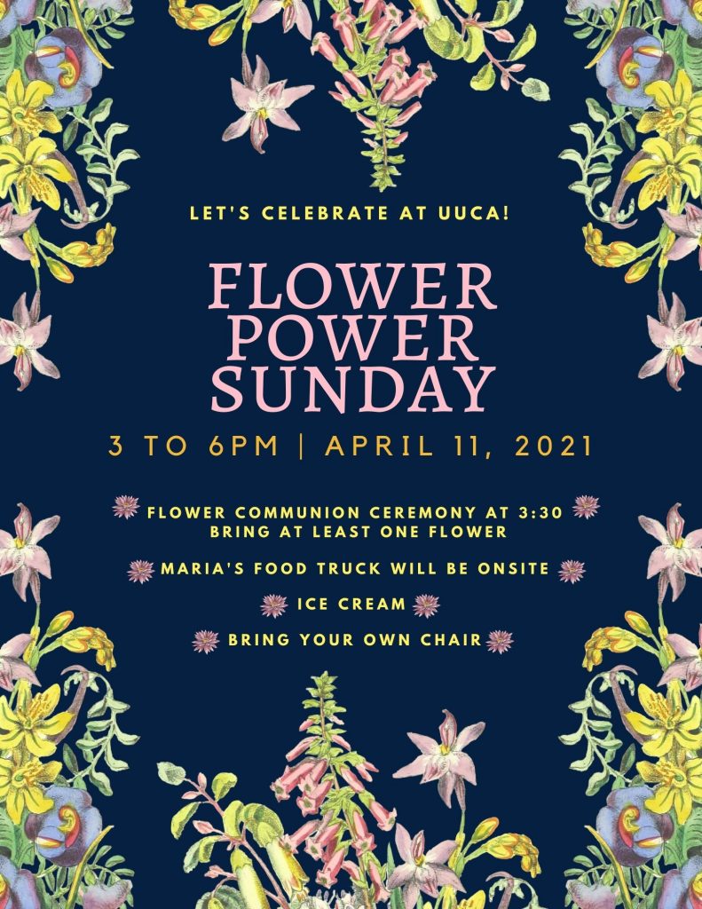 Poster with details of the Flower Power event. Navy blue background with pastel flower edging.